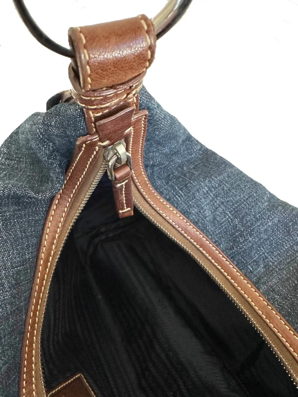 Vintage Prada Denim Hobo Bag 1990s | Embroidered Prada Milano Logo | Italy